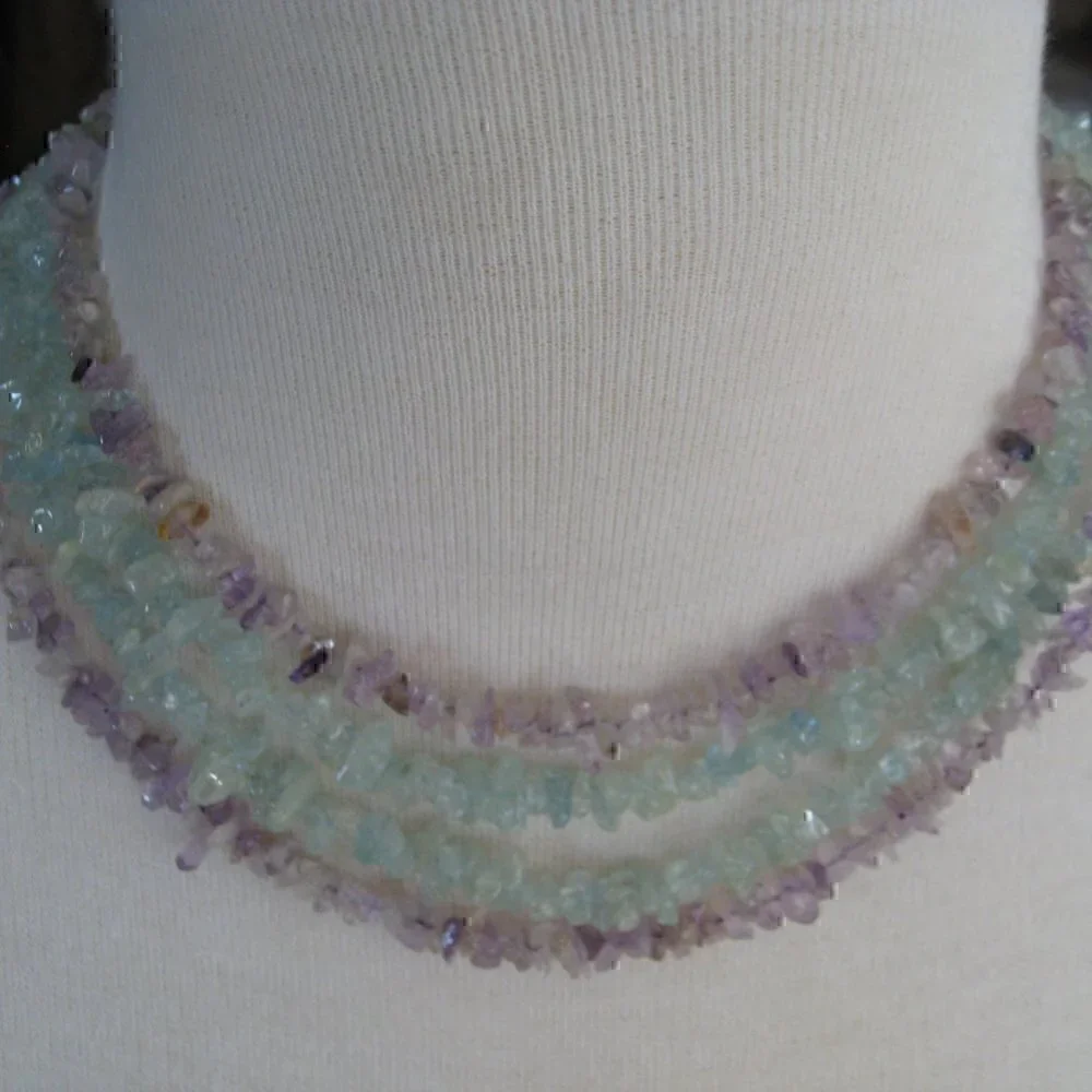 Vtg Amethyst & Aquamarine Chip Nugget Necklace Strand String Gemstone 35
